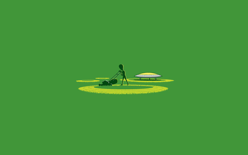 alien mowing lawn