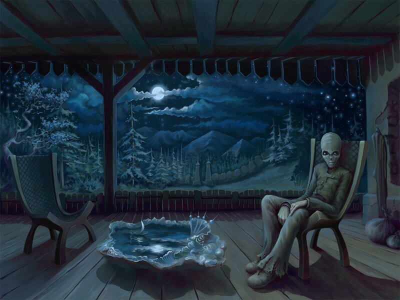 Alien on a porch at night