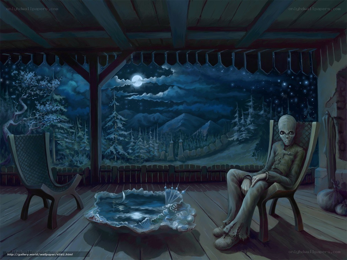 Alien on a porch at night