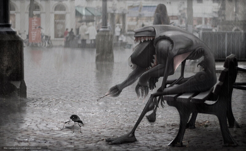 Alien on a rainy bench