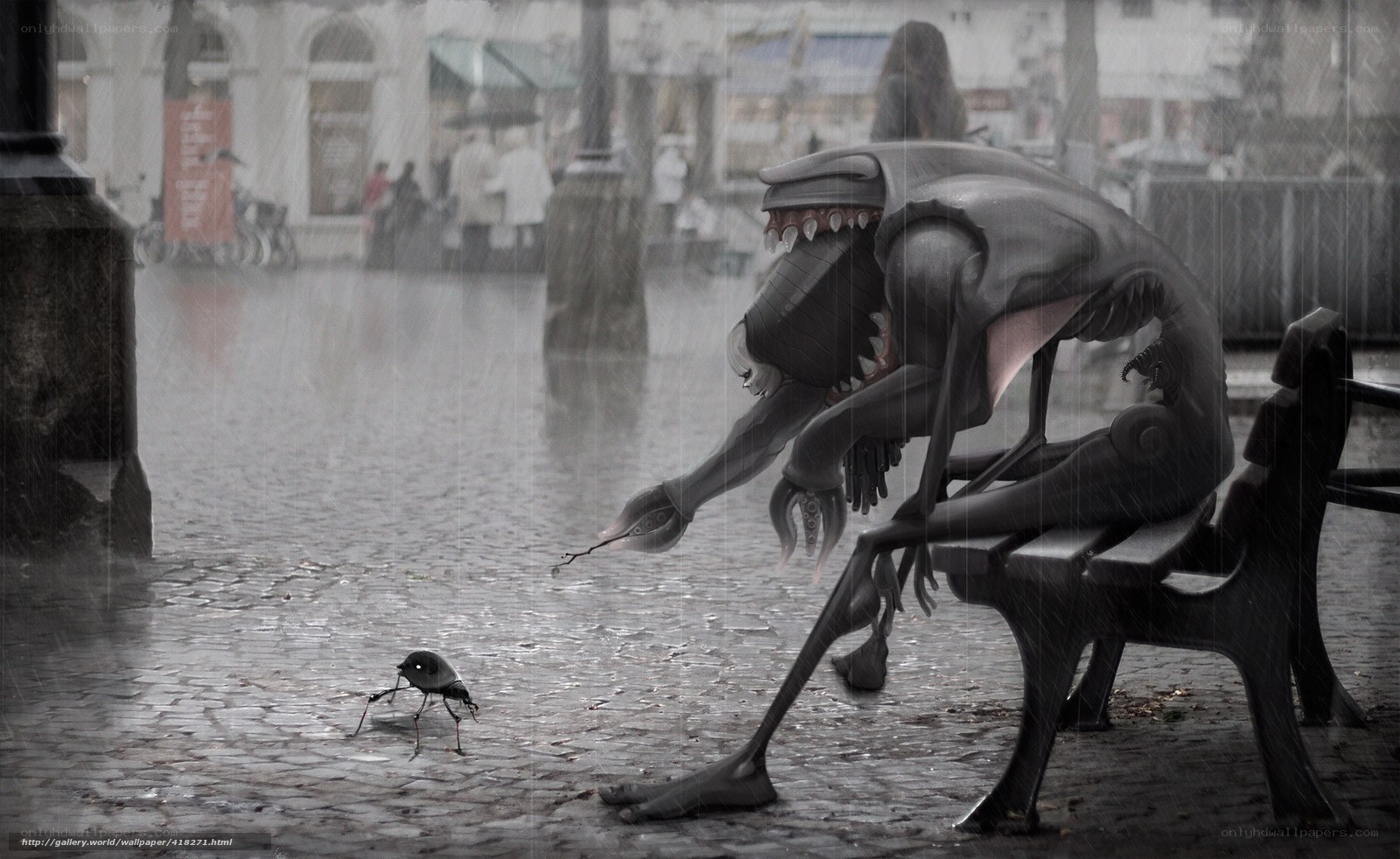 Alien on a rainy bench