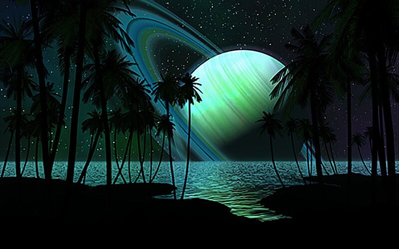 alien planet beach at night