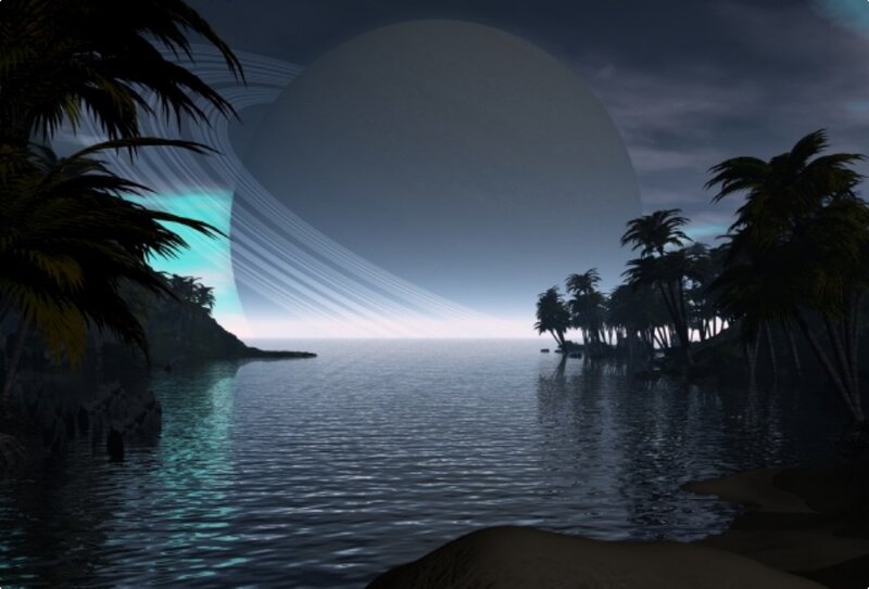 alien planet beach at night
