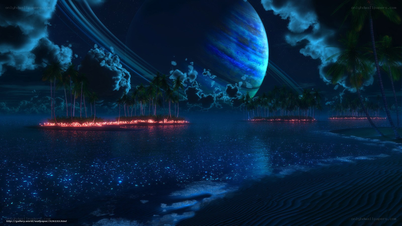 alien planet beach at night