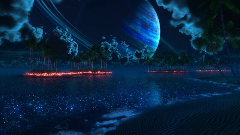 Alien Planet Beach — Blue, Dramatic, Night, Digital Art, Palm Trees