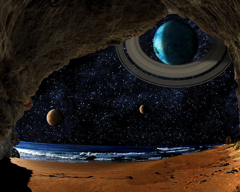 Alien Planet Beach — Blue, Dramatic, Night, Digital Art, Rings