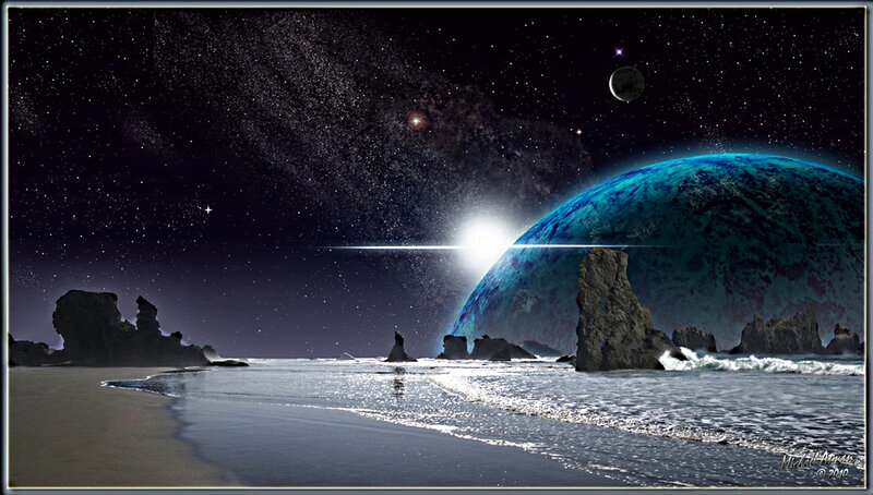 Alien Planet Beach — Blue, Dramatic, Night, Digital Art