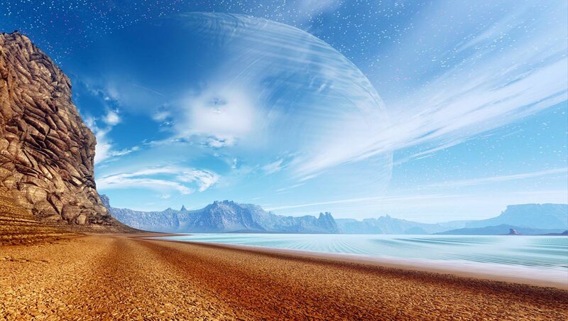 Alien Planet Beach — Blue, Serene, Night, Digital Art