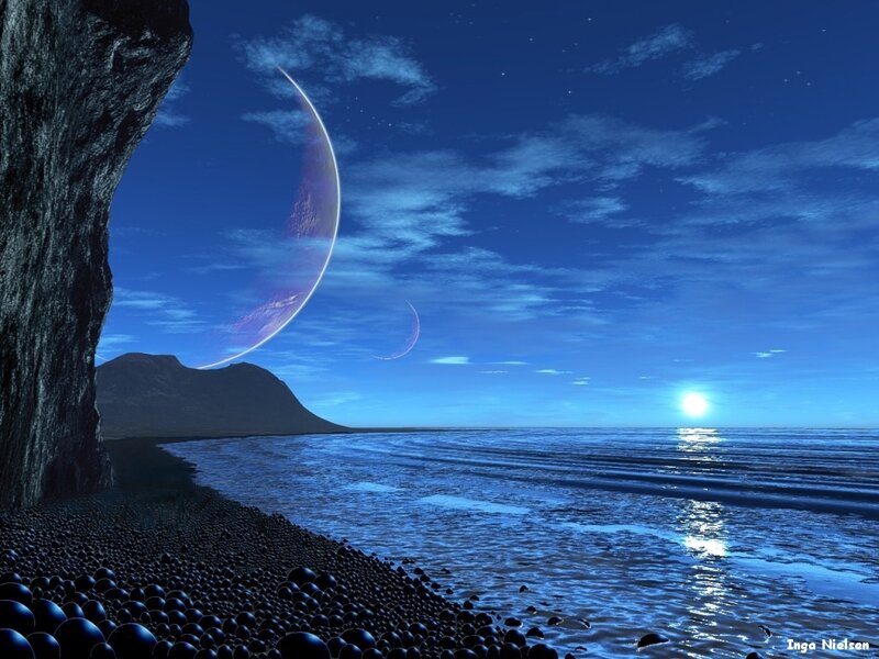 Alien Planet Beach — Blue, Serene, Night