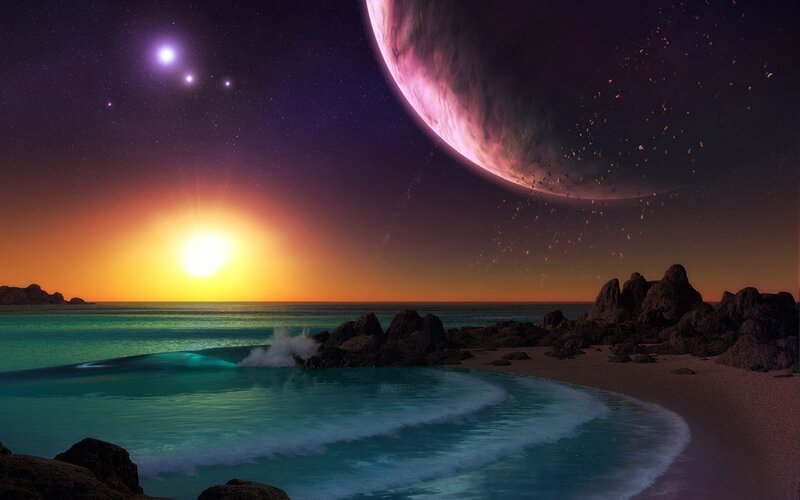 Alien Planet Beach — Purple, Dramatic, Sunset, Digital Art, Stars, Ocean