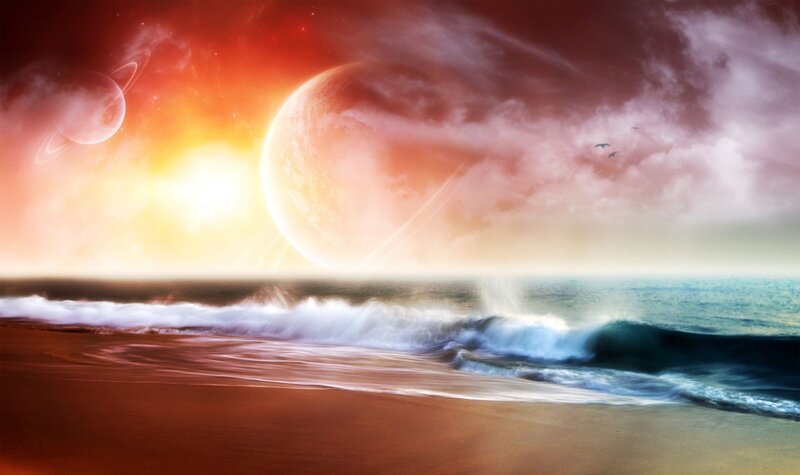 Alien Planet Beach — Red, Dramatic, Sunset, Digital Art, Moon
