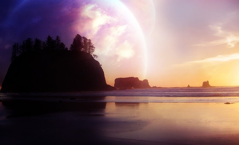 alien planet beach sunset