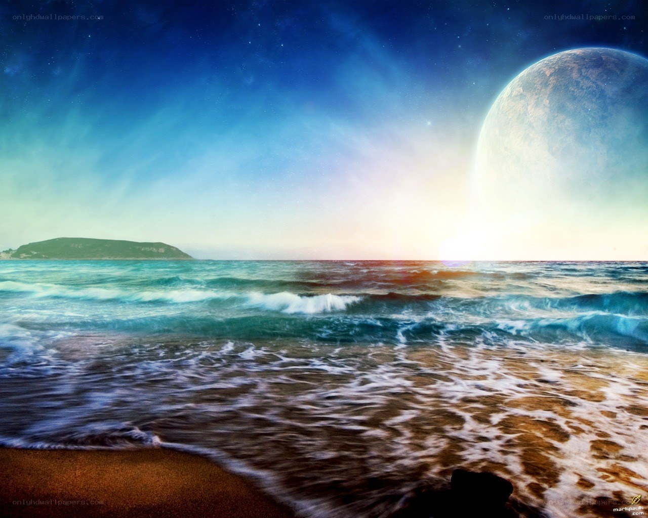 Alien planet beach sunset