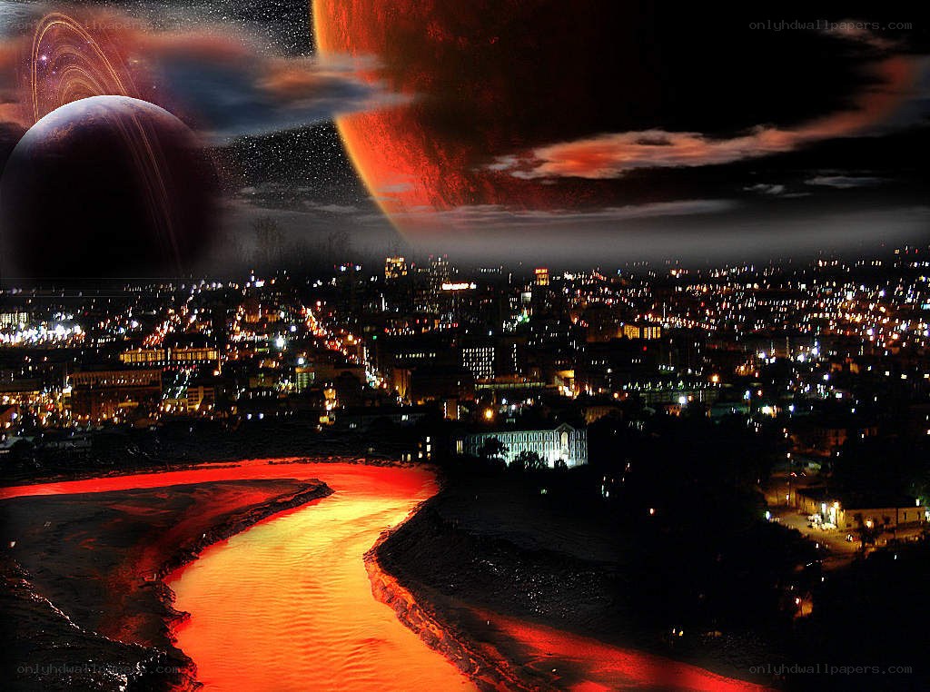 Alien planet cityscape at night
