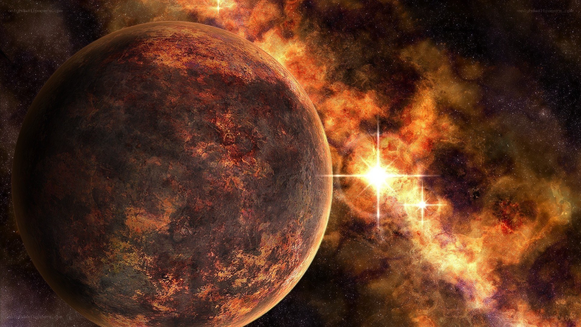 alien planet in fiery nebula