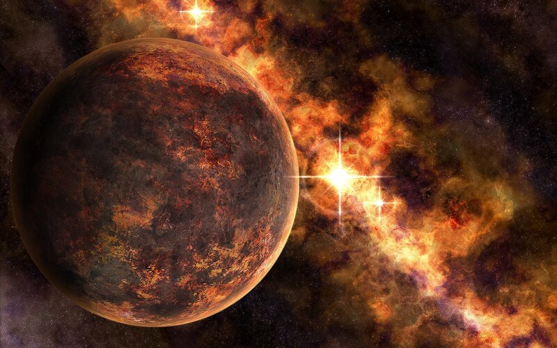alien planet in fiery nebula