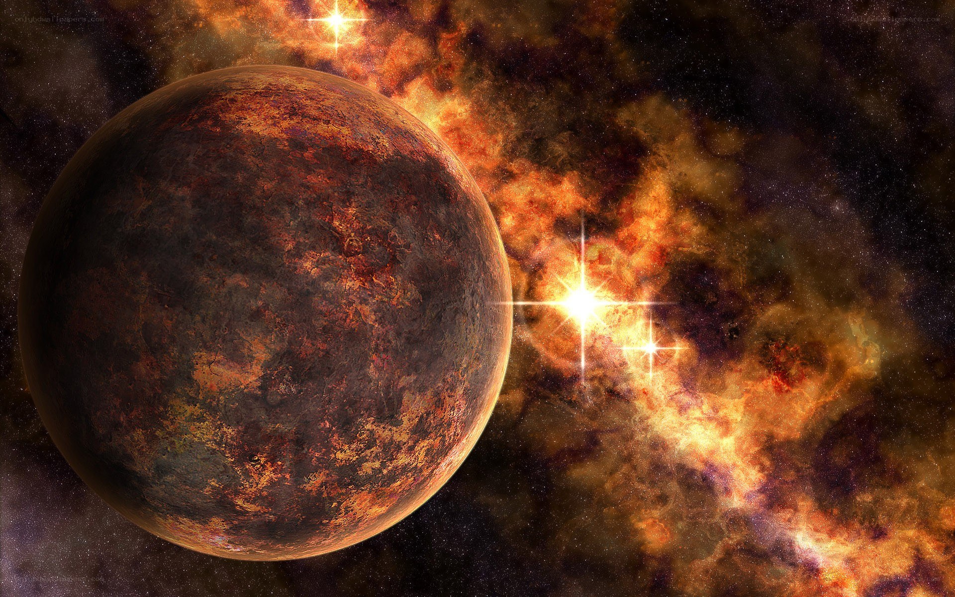 alien planet in fiery nebula