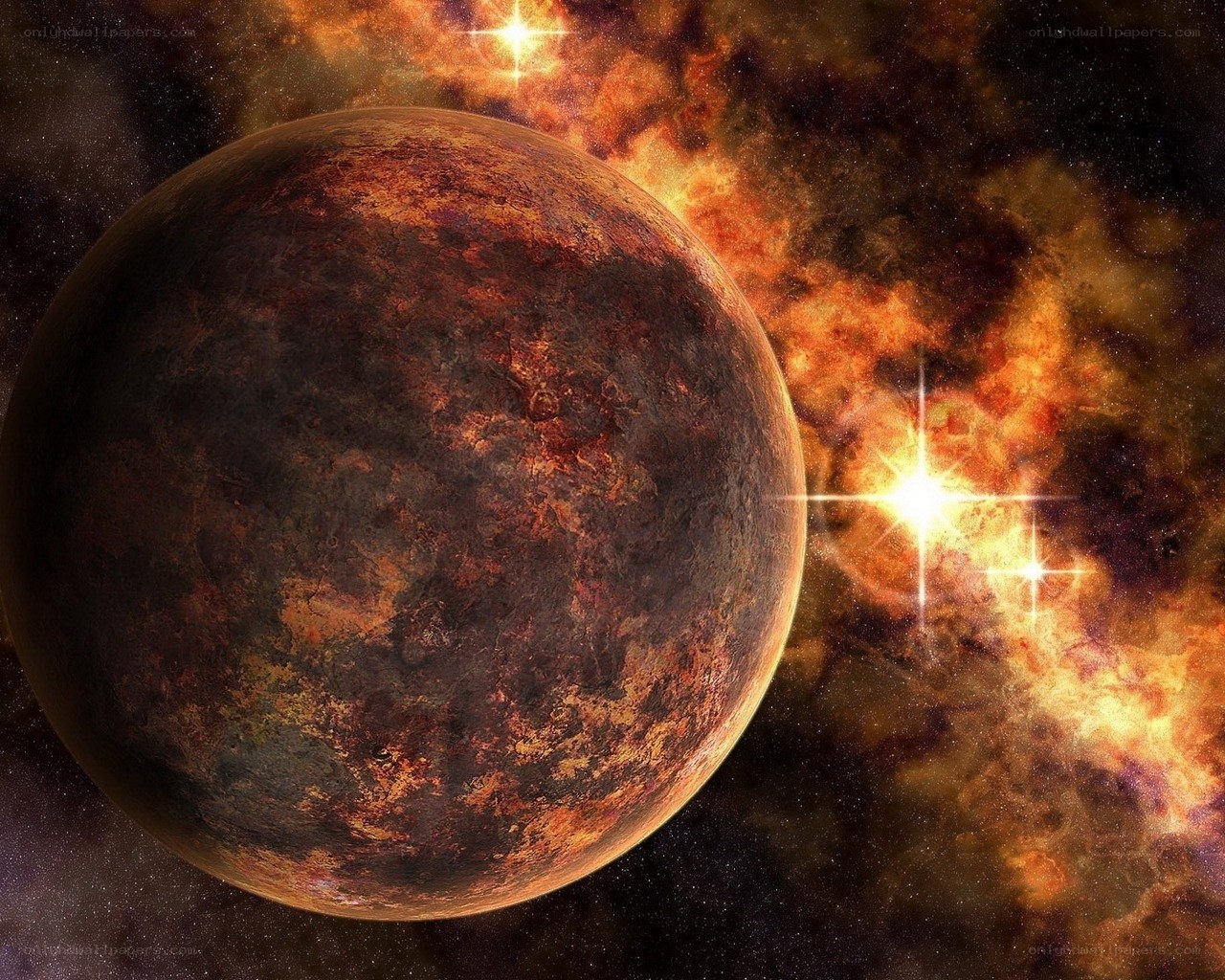 alien planet in fiery nebula