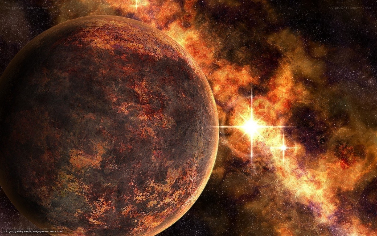alien planet in fiery nebula