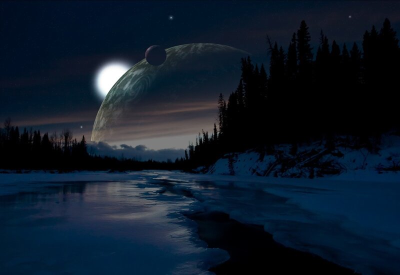 Alien Planet in Night Sky — Blue