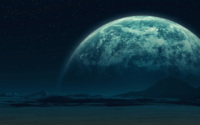 Alien Planet in Sky — Blue, Dramatic, Night