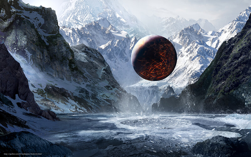 Alien planet in snowy valley