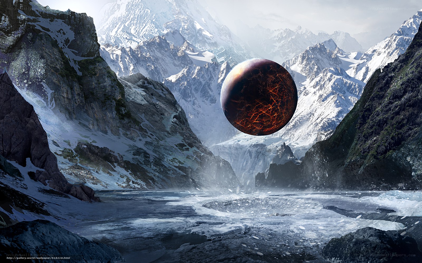 Alien planet in snowy valley