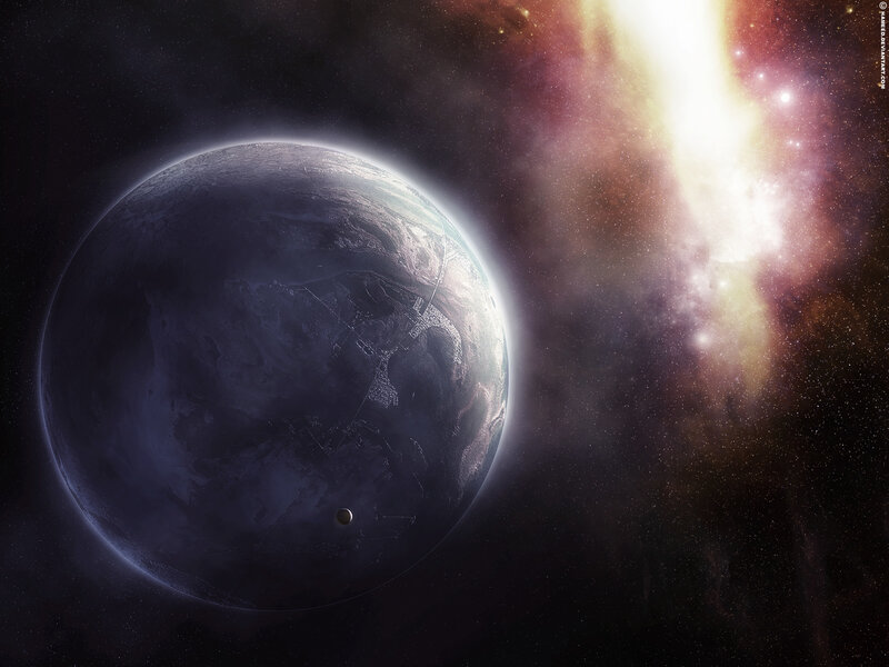 Alien Planet in Space — Black, Dramatic, Digital Art
