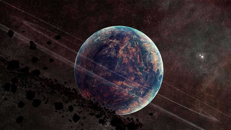 Alien Planet in Space — Blue, Dramatic, Digital Art, Asteroids