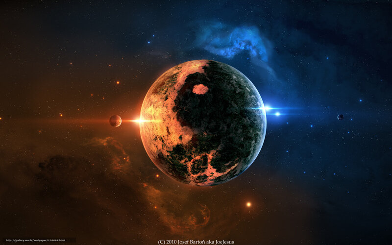 Alien Planet in Space — Blue, Dramatic, Digital Art, Stars, Nebula, Moon
