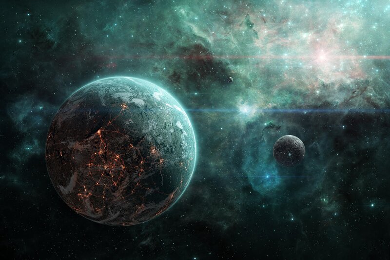 Alien Planet in Space — Green, Dramatic, Digital Art