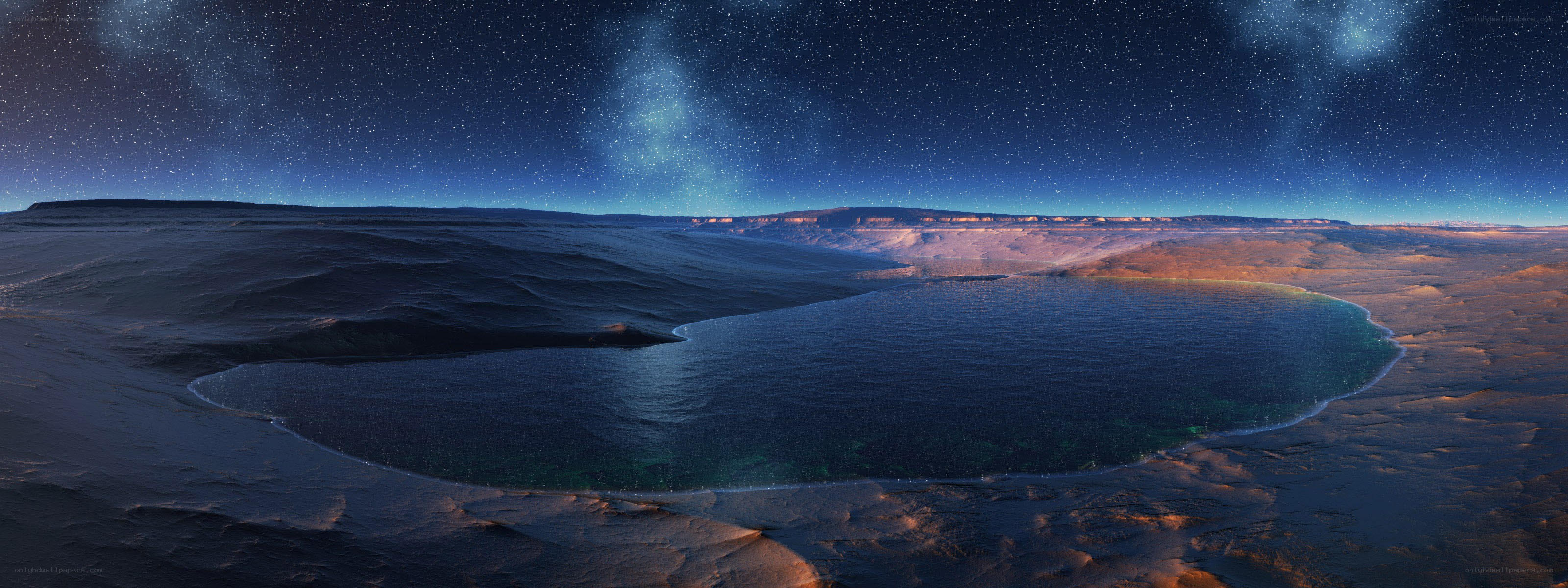 alien planet lake at night