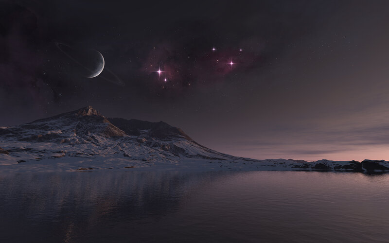 Alien planet landscape at dusk