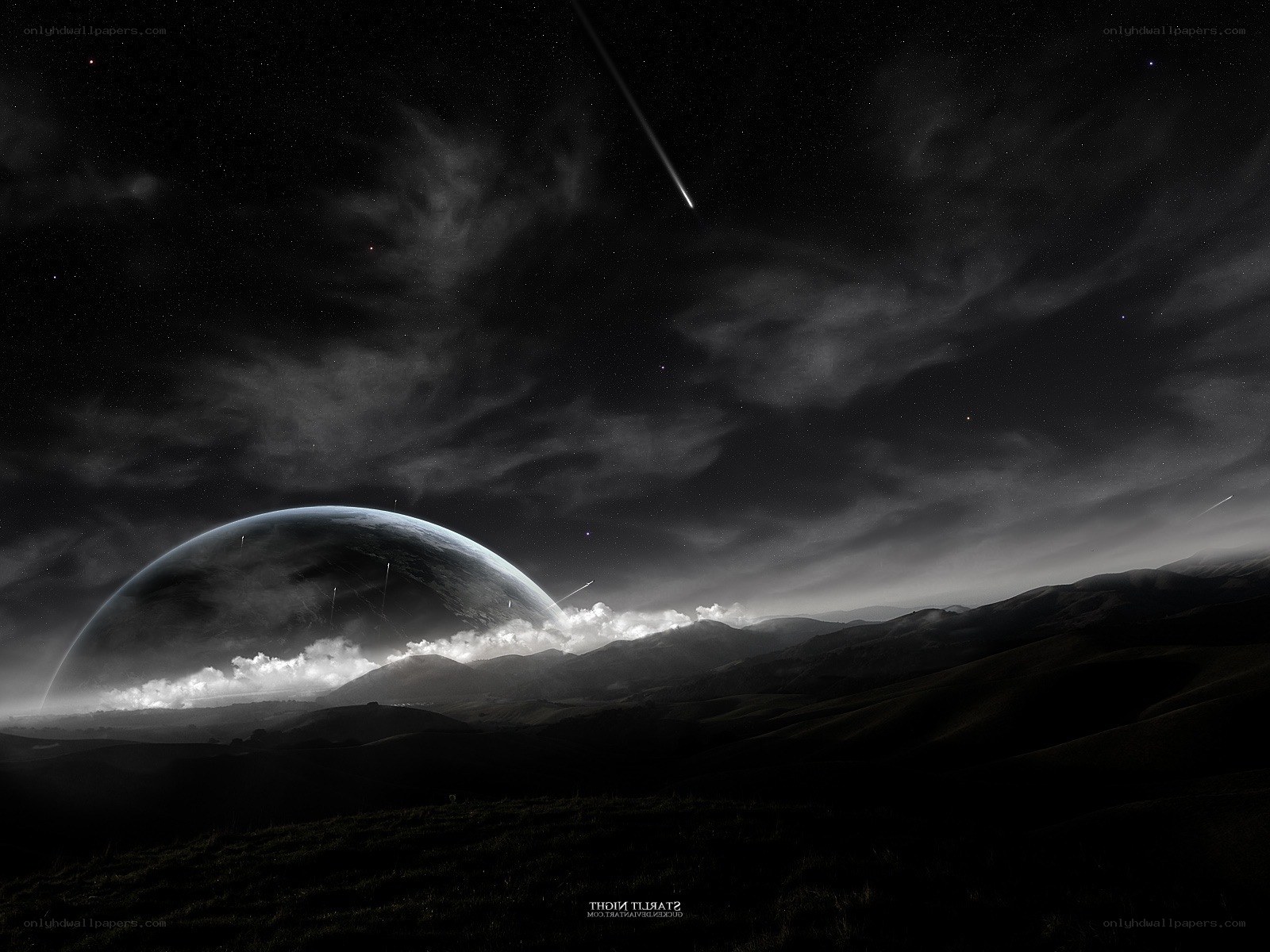 Alien planet landscape at night