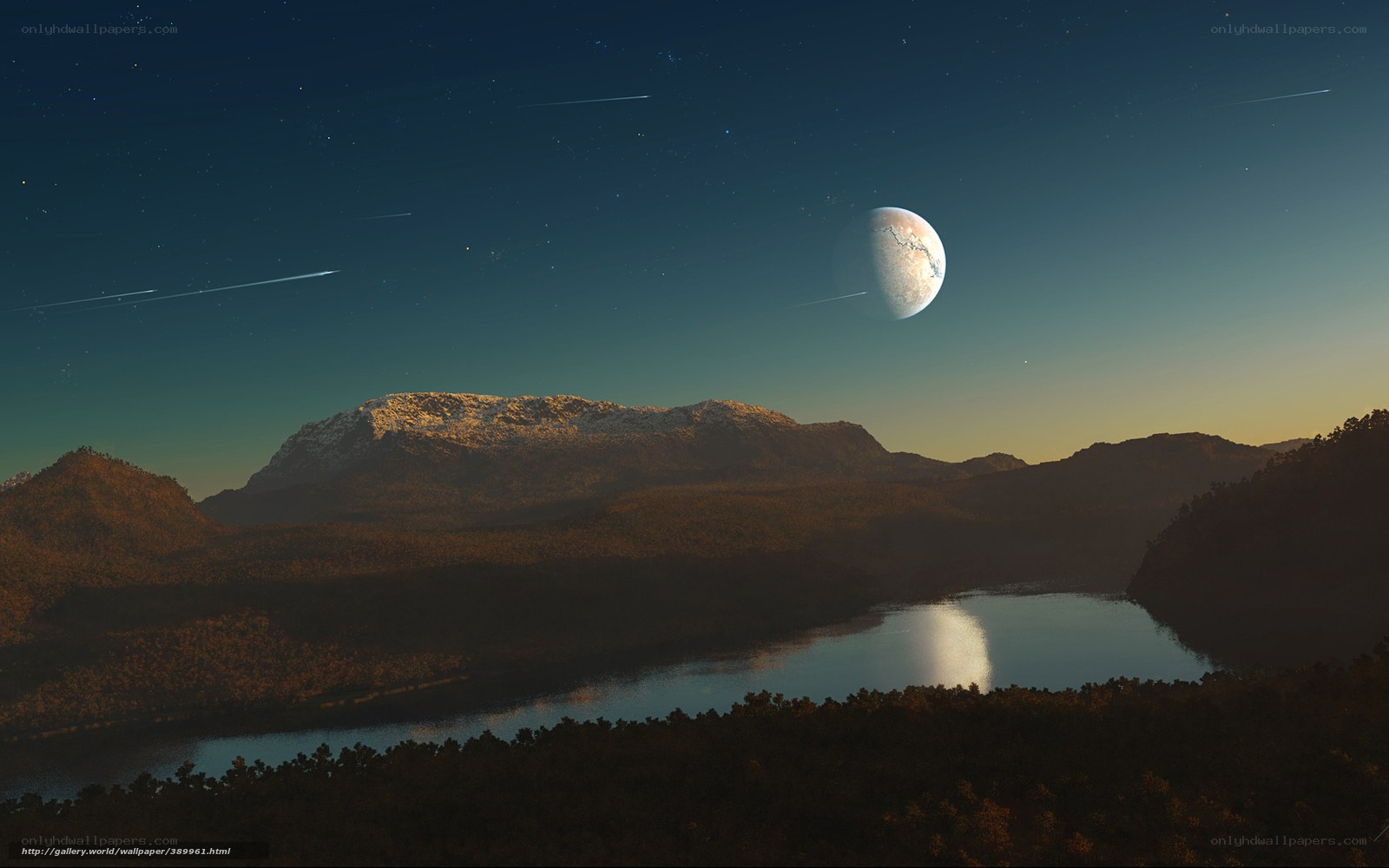 Alien planet landscape at night
