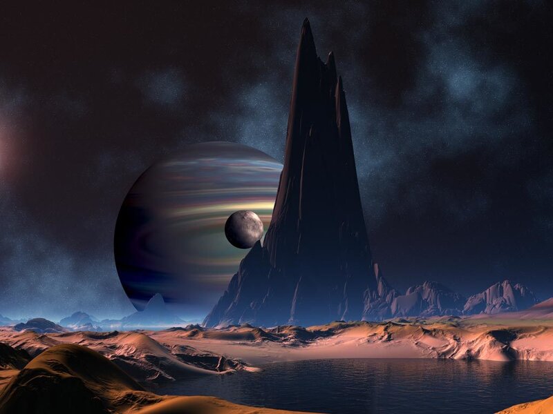 Alien Planet Landscape — Black, Dramatic, Night, 3d Render, Mountain