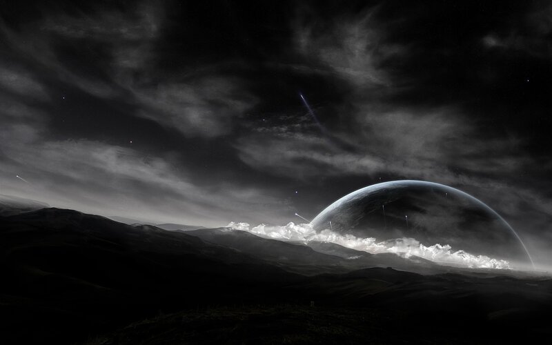 Alien Planet Landscape — Black, Dramatic, Night, Digital Art, Clouds, Stars, White
