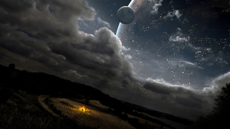 Alien Planet Landscape — Black, Dramatic, Night, Digital Art, Moon, Campfire