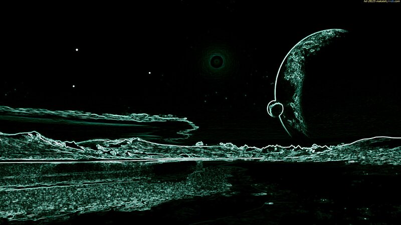 Alien Planet Landscape — Black, Dramatic, Night, Digital Art, Moon, Stars