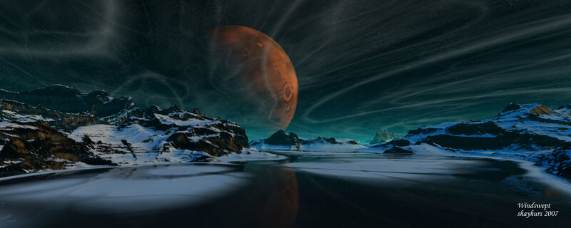Alien Planet Landscape — Black, Dramatic, Night, Digital Art, Mountains, Moon