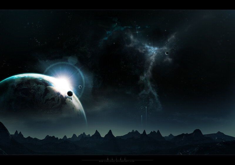 Alien Planet Landscape — Black, Dramatic, Night, Digital Art, Mountains, Planets, Stars, Blue