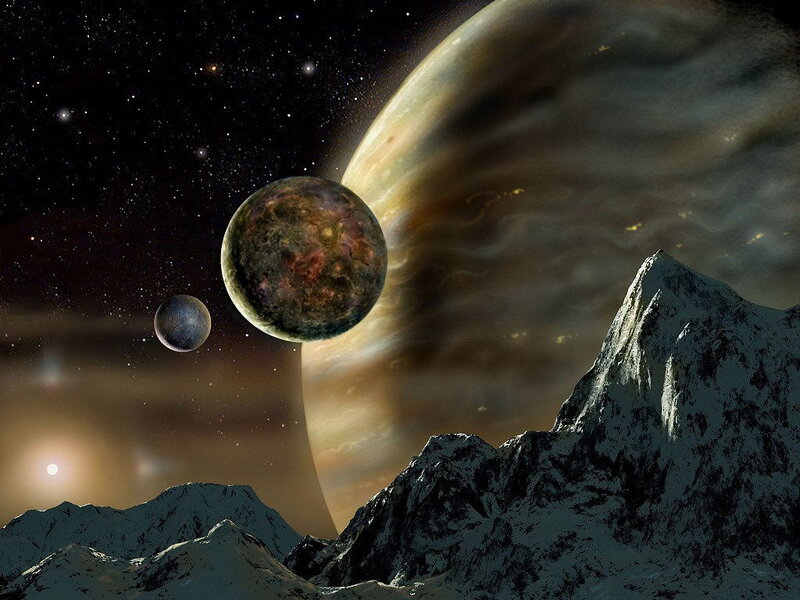 Alien Planet Landscape — Black, Dramatic, Night, Digital Art, Mountains, Planets, Stars, Brown, White
