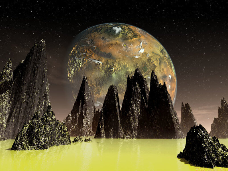 Alien Planet Landscape — Black, Dramatic, Night, Digital Art, Mountains, Starfield