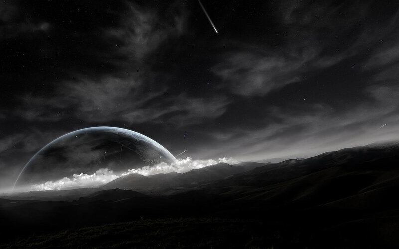 Alien Planet Landscape — Black, Dramatic, Night, Digital Art, Mountains, Stars