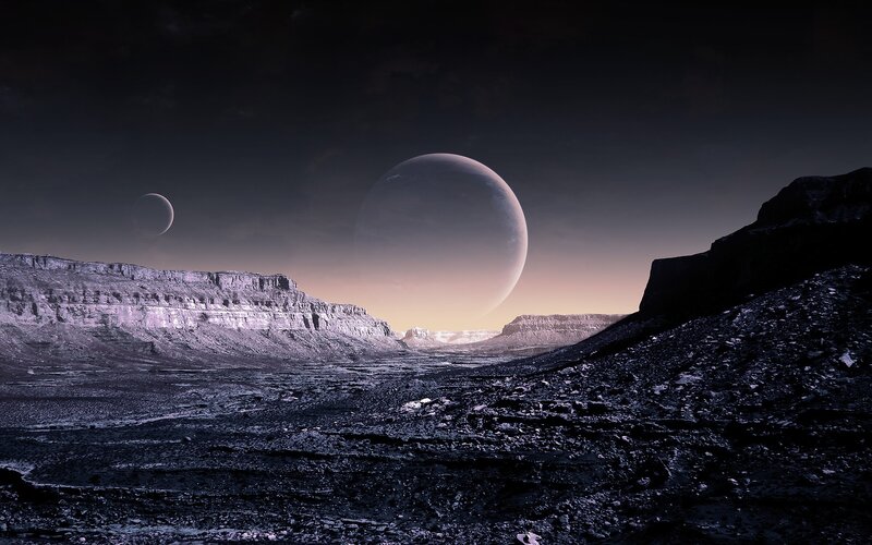Alien Planet Landscape — Black, Dramatic, Night, Digital Art, Planets, Cliffs, Sky