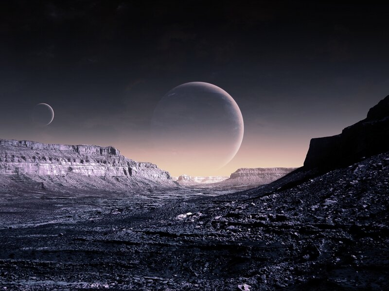 Alien Planet Landscape — Black, Dramatic, Night, Digital Art, Planets, Cliffs