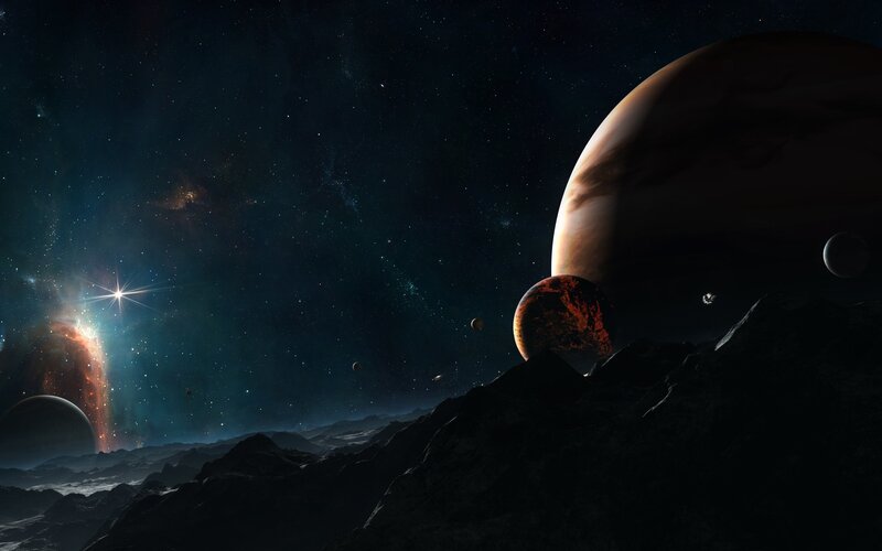 Alien Planet Landscape — Black, Dramatic, Night, Digital Art, Planets, Stars, Mountains, Blue