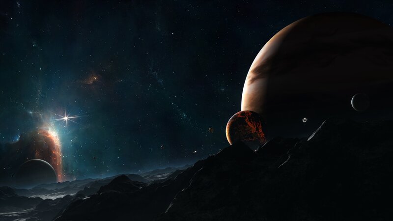 Alien Planet Landscape — Black, Dramatic, Night, Digital Art, Planets, Stars, Mountains