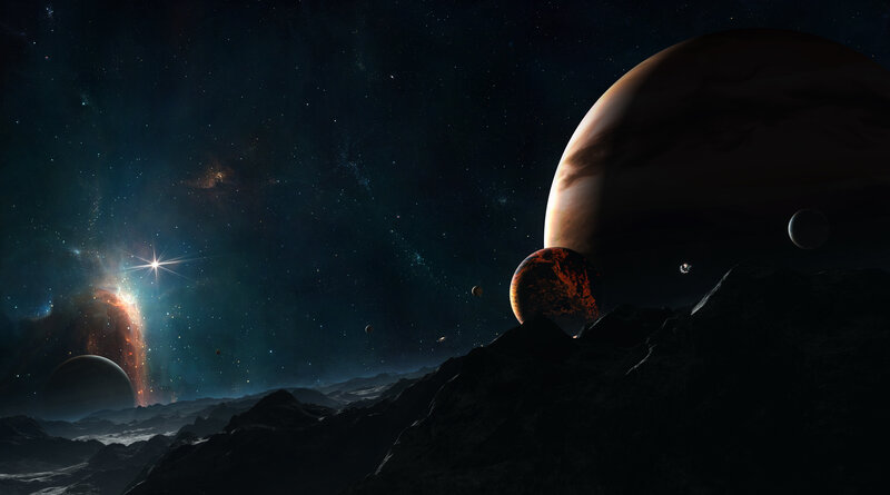 Alien Planet Landscape — Black, Dramatic, Night, Digital Art, Planets, Stars, Nebula