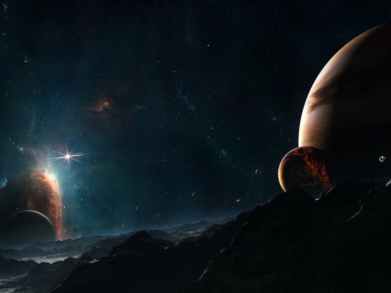 Alien Planet Landscape — Black, Dramatic, Night, Digital Art, Planets, Stars